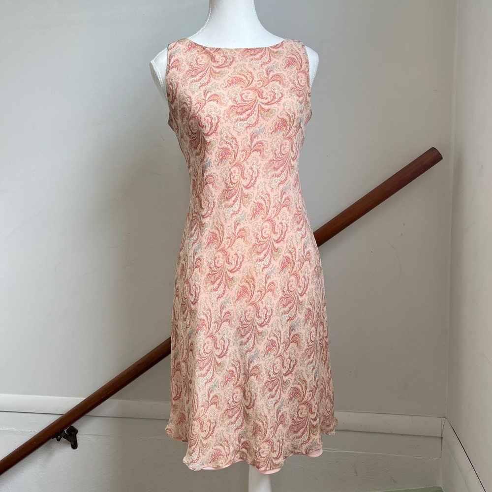 Vintage 90s Ann Taylor Midi Dress 6P Peach 100% Silk Paisley Sleeveless Bias Cut